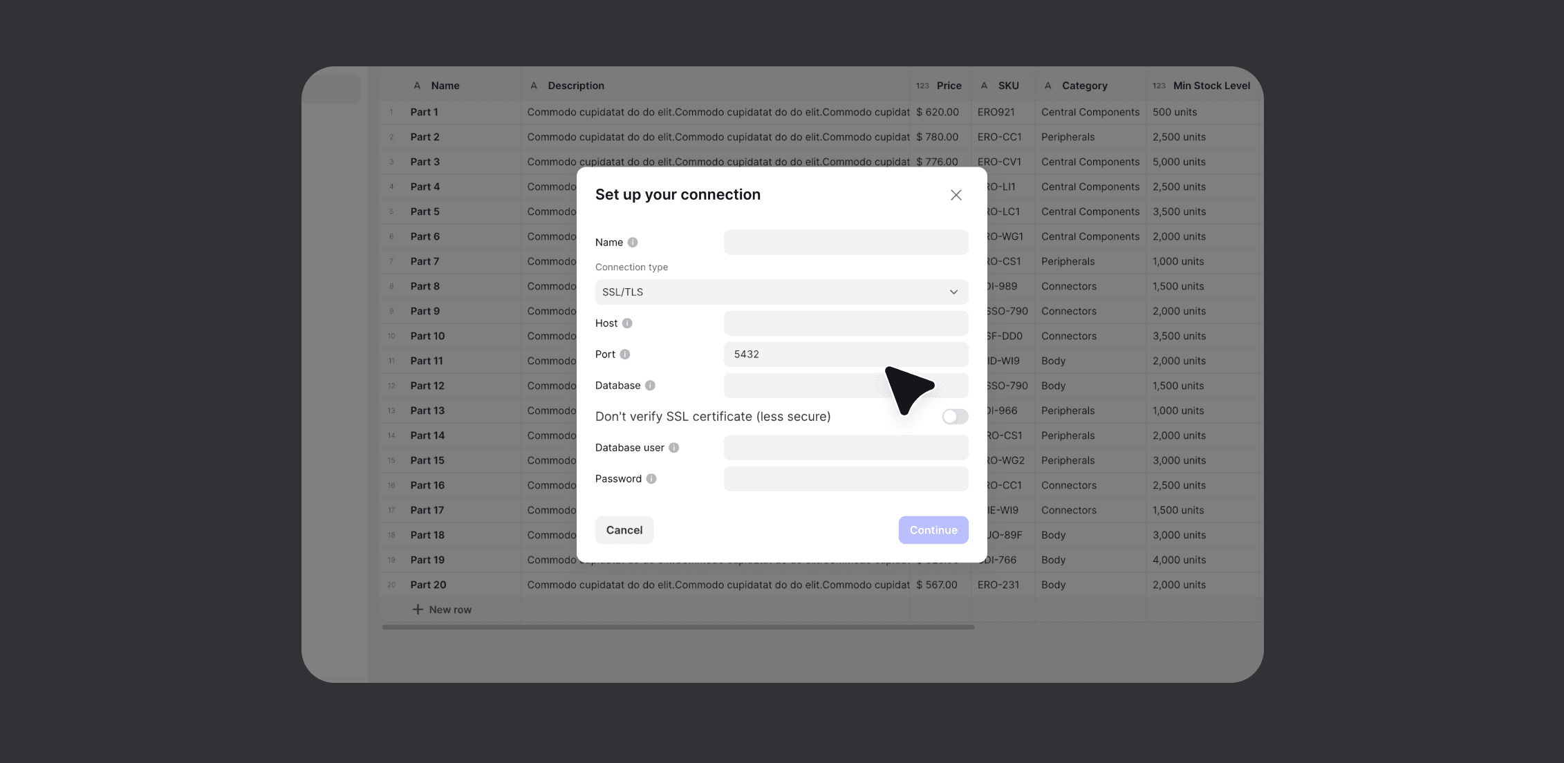 Authenticate with your Google Cloud Console and select and configure which SQL database to connect with.
